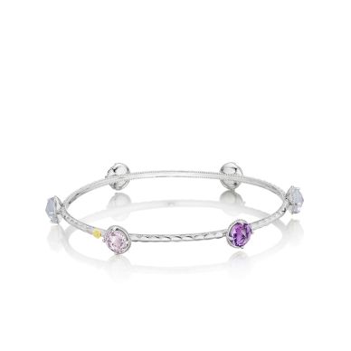 SB125130126 Lilac Blossoms Silver Amethyst and Chalcedony Bangle Bracelet for Women